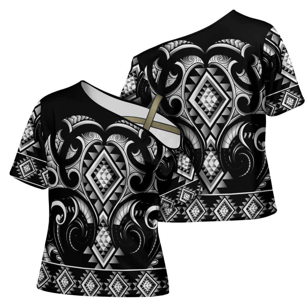 Black Ngaru Taniko With Aotearoa Maori Tattoo Cross Shoulder Shirt - Polynesian Pride