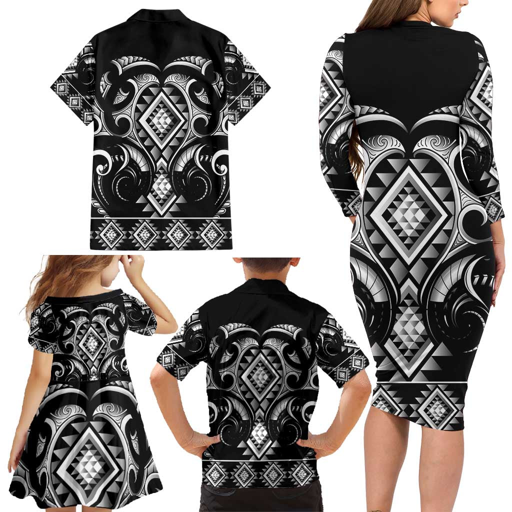 Black Ngaru Taniko With Aotearoa Maori Tattoo Family Matching Long Sleeve Bodycon Dress and Hawaiian Shirt