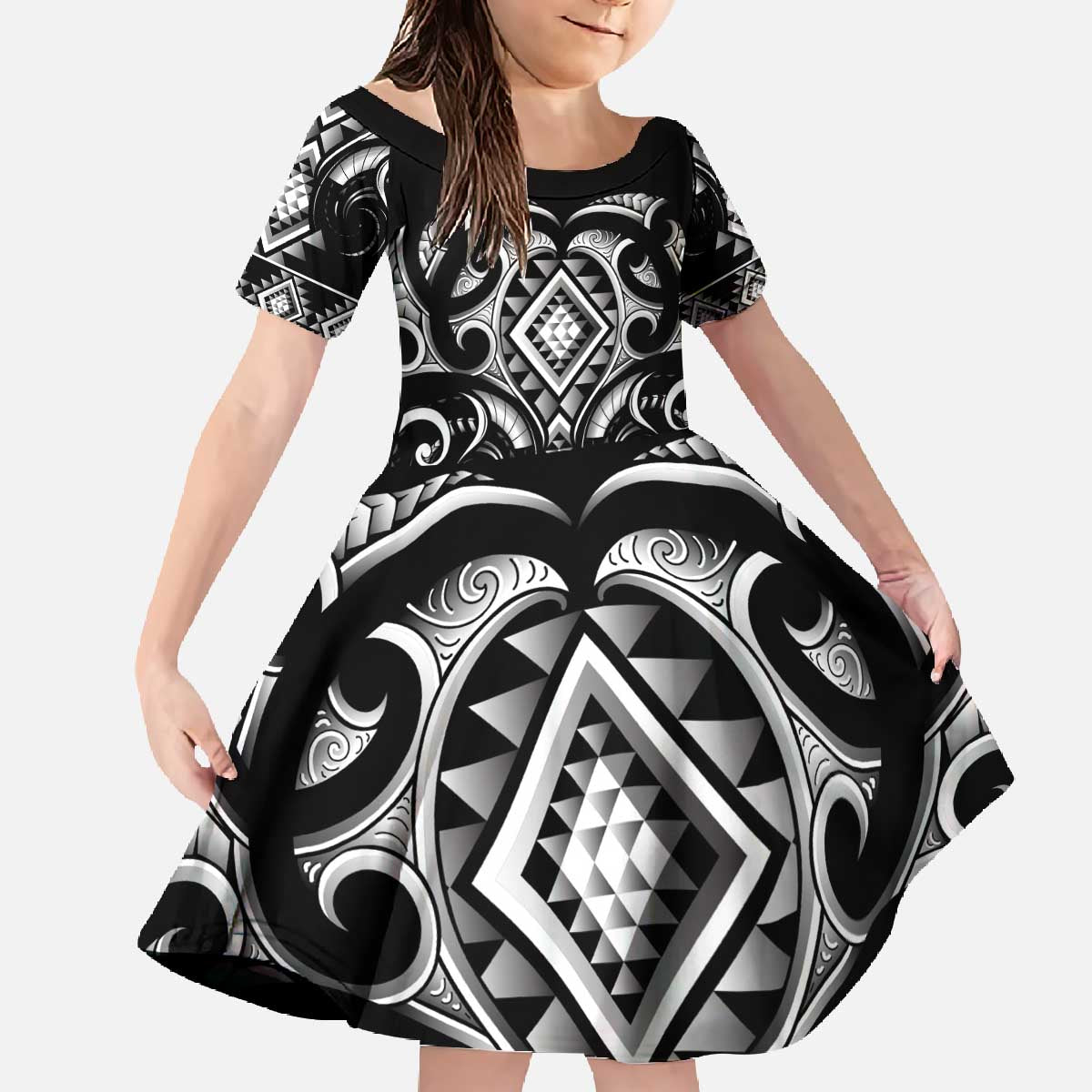 Black Ngaru Taniko With Aotearoa Maori Tattoo Family Matching Off The Shoulder Long Sleeve Dress and Hawaiian Shirt