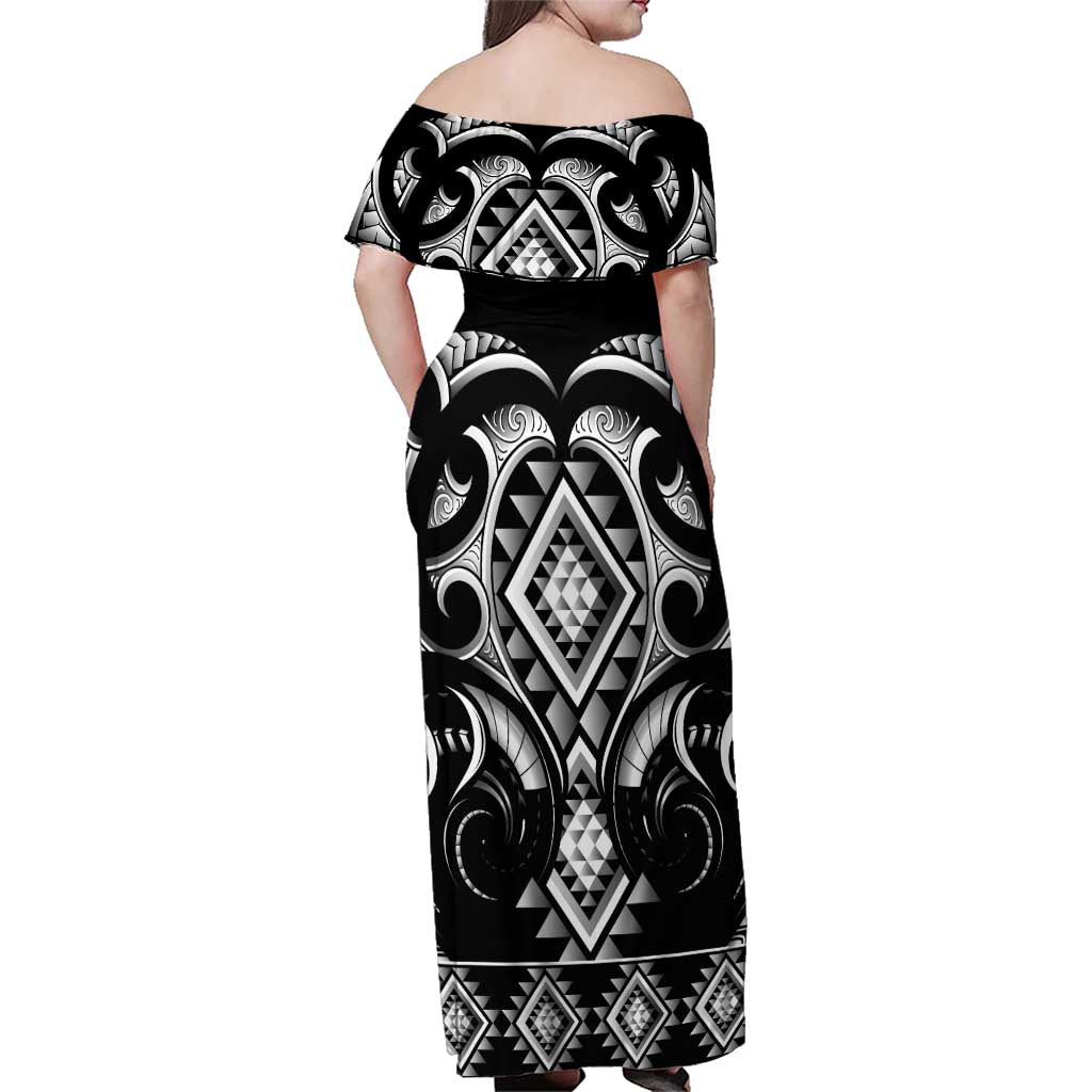 Black Ngaru Taniko With Aotearoa Maori Tattoo Family Matching Off Shoulder Maxi Dress and Hawaiian Shirt