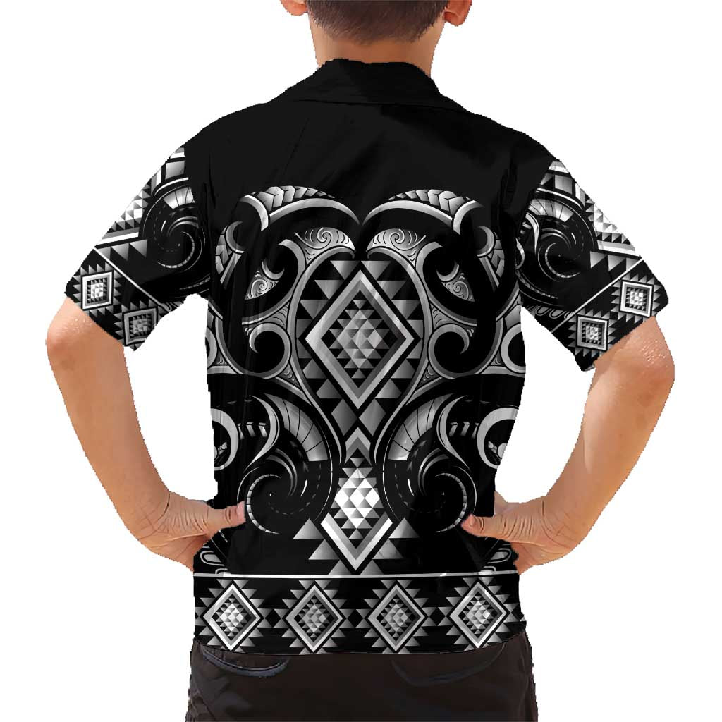 Black Ngaru Taniko With Aotearoa Maori Tattoo Family Matching Short Sleeve Bodycon Dress and Hawaiian Shirt
