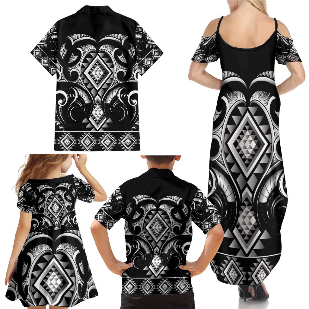 Black Ngaru Taniko With Aotearoa Maori Tattoo Family Matching Summer Maxi Dress and Hawaiian Shirt