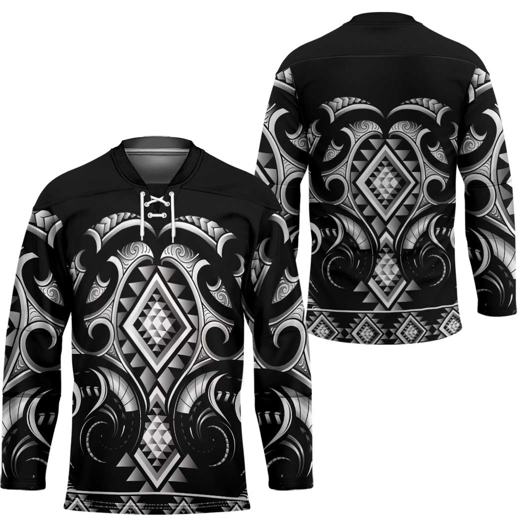 Black Ngaru Taniko With Aotearoa Maori Tattoo Hockey Jersey - Polynesian Pride