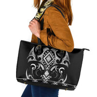Black Ngaru Taniko With Aotearoa Maori Tattoo Leather Tote Bag