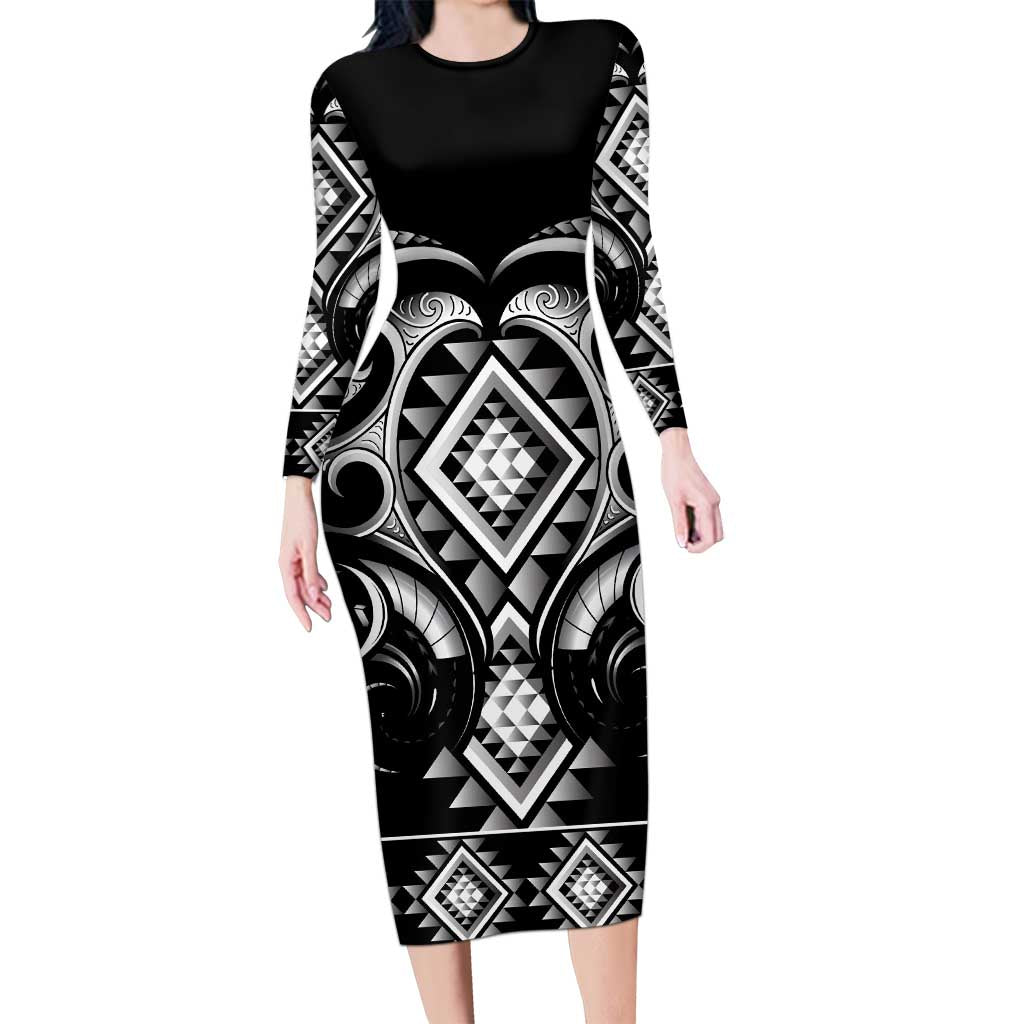 Black Ngaru Taniko With Aotearoa Maori Tattoo Long Sleeve Bodycon Dress LT14 Long Dress Black - Polynesian Pride