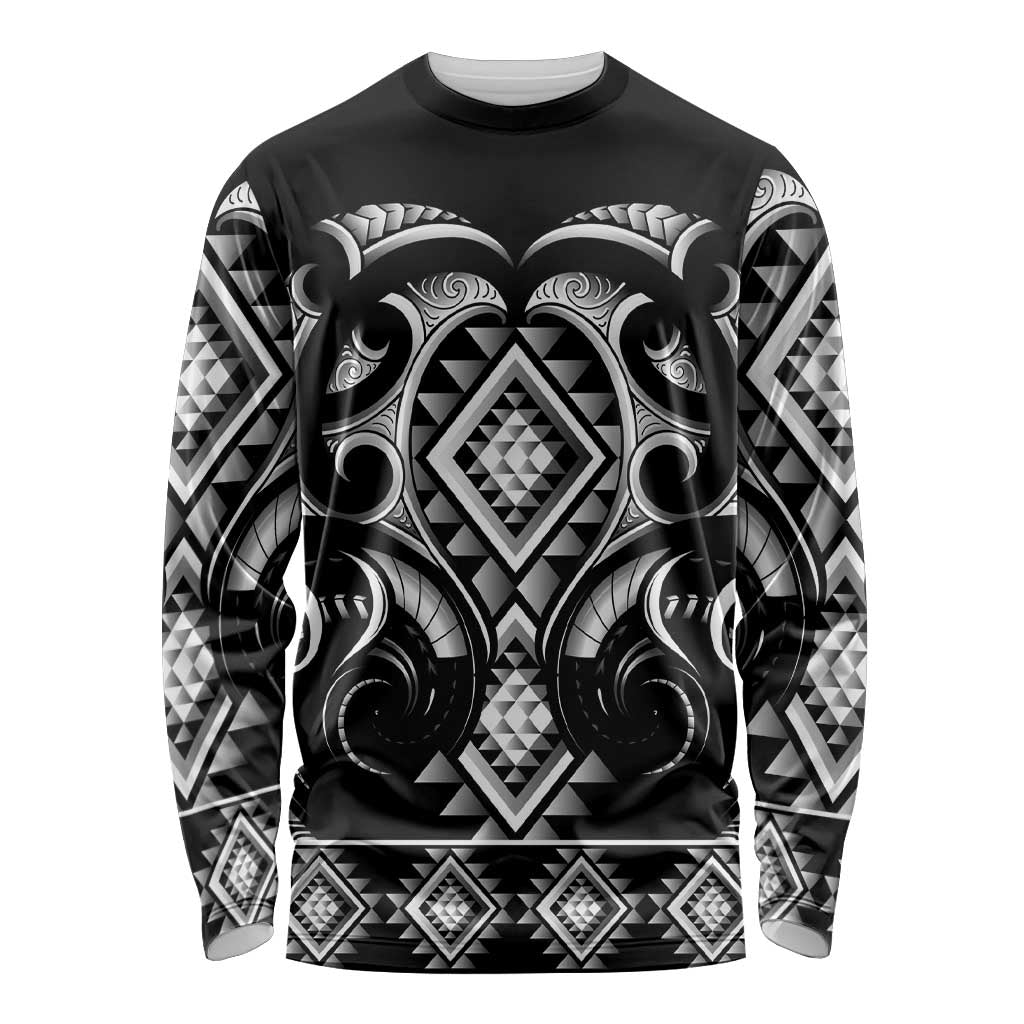 Black Ngaru Taniko With Aotearoa Maori Tattoo Long Sleeve Shirt