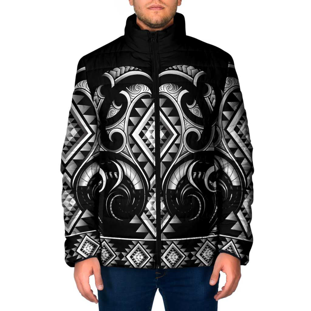 Black Ngaru Taniko With Aotearoa Maori Tattoo Padded Jacket - Polynesian Pride