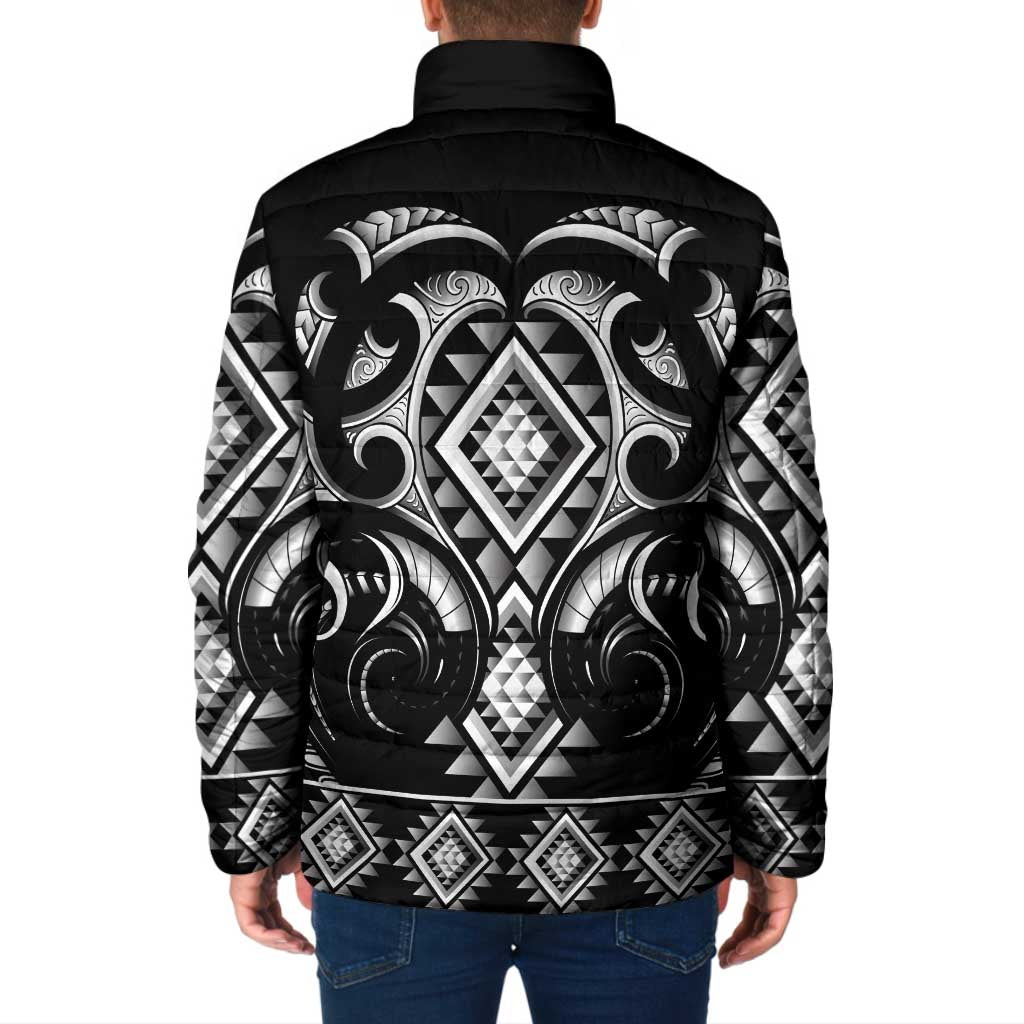 Black Ngaru Taniko With Aotearoa Maori Tattoo Padded Jacket - Polynesian Pride
