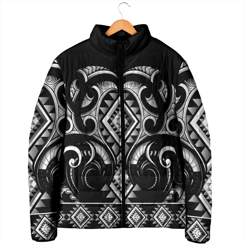Black Ngaru Taniko With Aotearoa Maori Tattoo Padded Jacket - Polynesian Pride