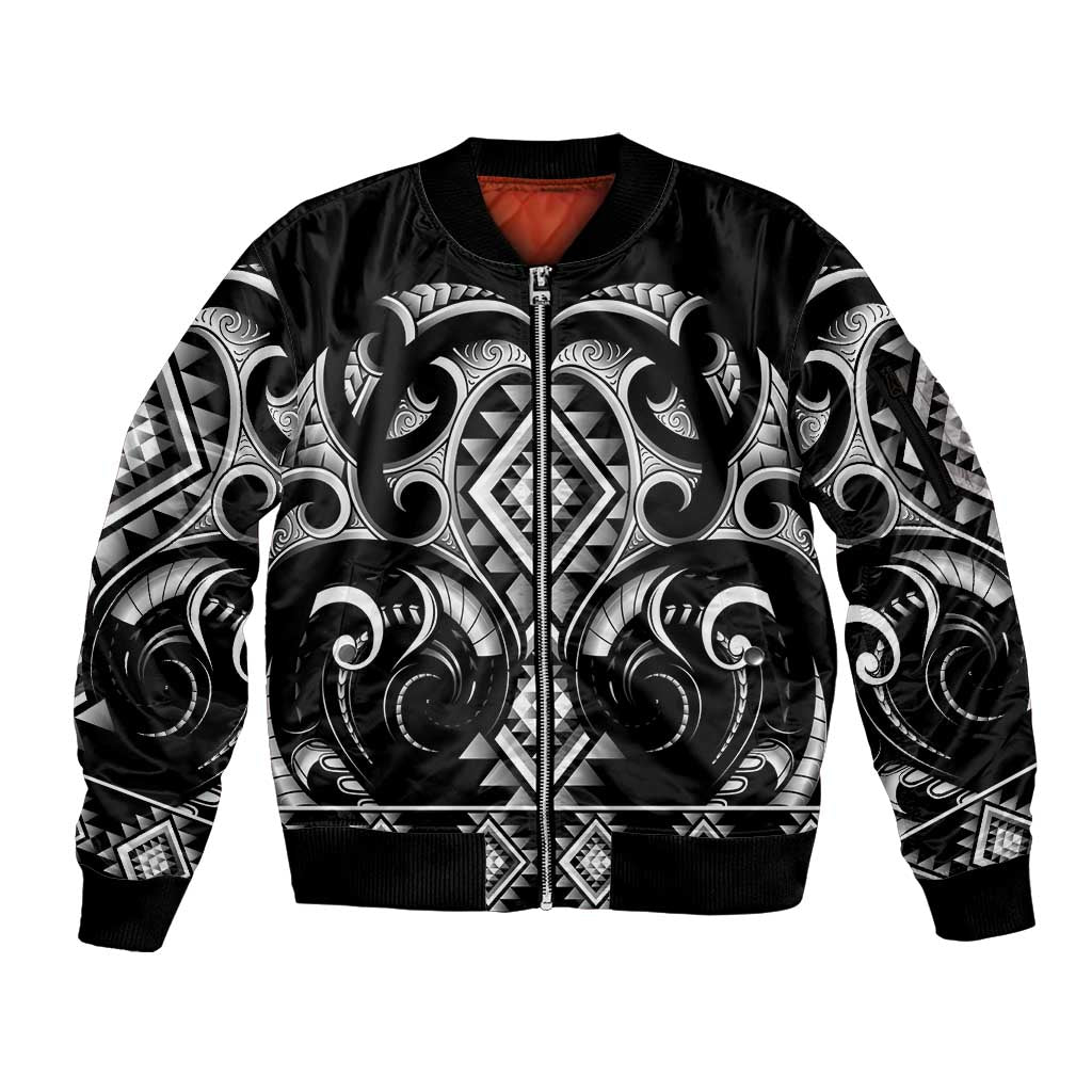 Black Ngaru Taniko With Aotearoa Maori Tattoo Sleeve Zip Bomber Jacket