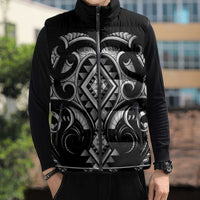 Black Ngaru Taniko With Aotearoa Maori Tattoo Sleeveless Puffer Jacket - Polynesian Pride