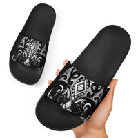 Black Ngaru Taniko With Aotearoa Maori Tattoo Slide Sandals - Polynesian Pride