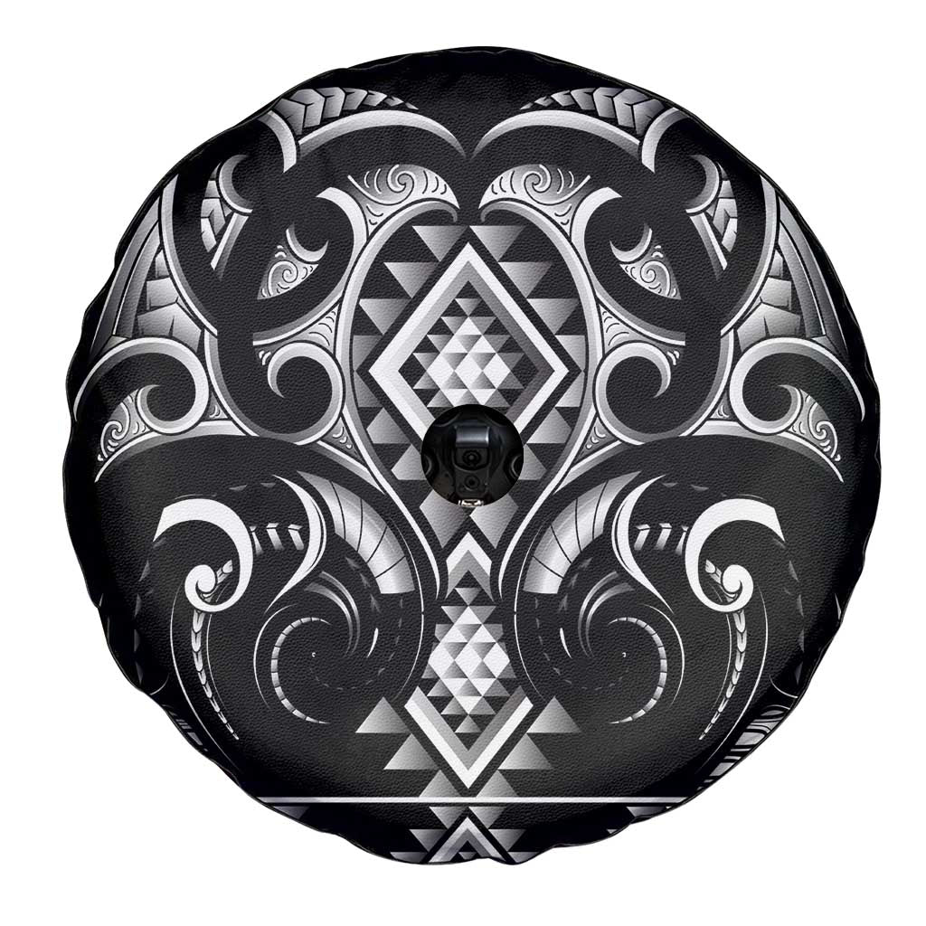 Black Ngaru Taniko With Aotearoa Maori Tattoo Spare Tire Cover
