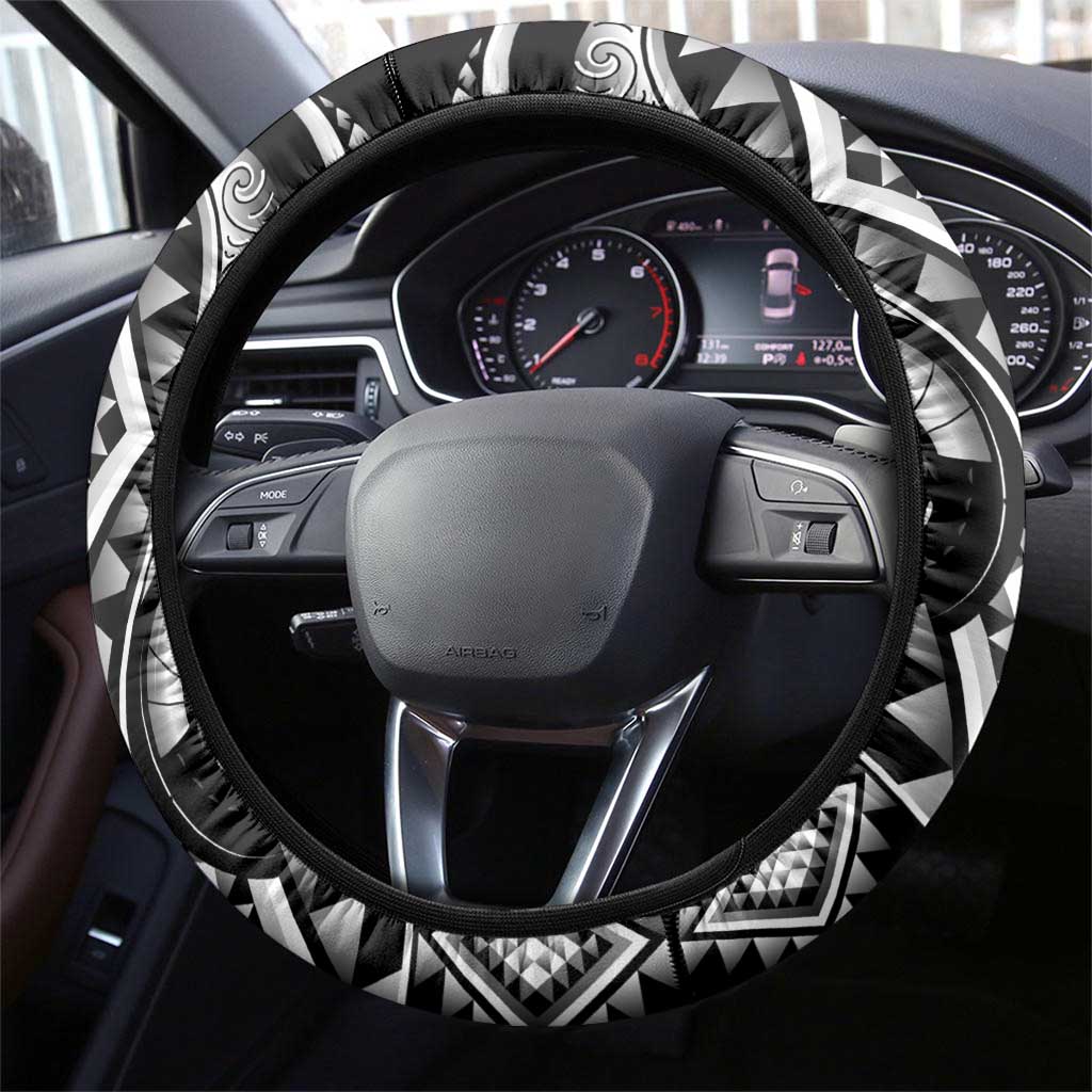 Black Ngaru Taniko With Aotearoa Maori Tattoo Steering Wheel Cover