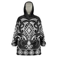 Black Ngaru Taniko With Aotearoa Maori Tattoo Wearable Blanket Hoodie