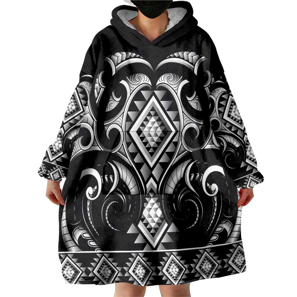 Black Ngaru Taniko With Aotearoa Maori Tattoo Wearable Blanket Hoodie