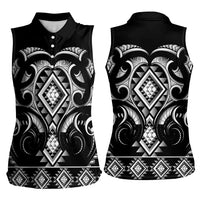 Black Ngaru Taniko With Aotearoa Maori Tattoo Women Sleeveless Polo Shirt