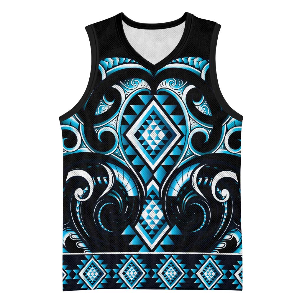 Blue Ngaru Taniko With Aotearoa Maori Tattoo Basketball Jersey - Polynesian Pride