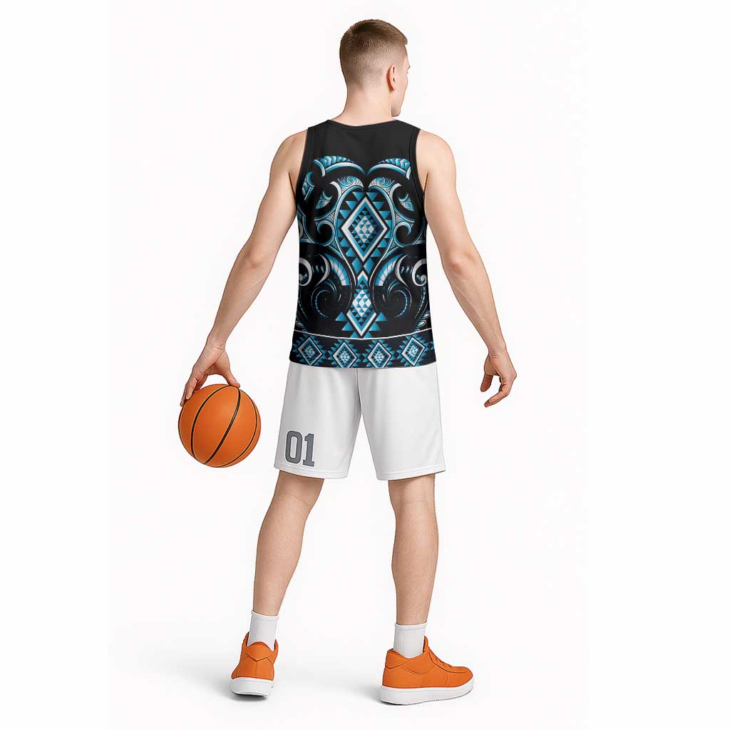 Blue Ngaru Taniko With Aotearoa Maori Tattoo Basketball Jersey - Polynesian Pride