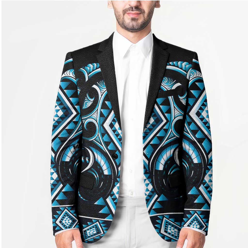 Blue Ngaru Taniko With Aotearoa Maori Tattoo Blazer - Polynesian Pride