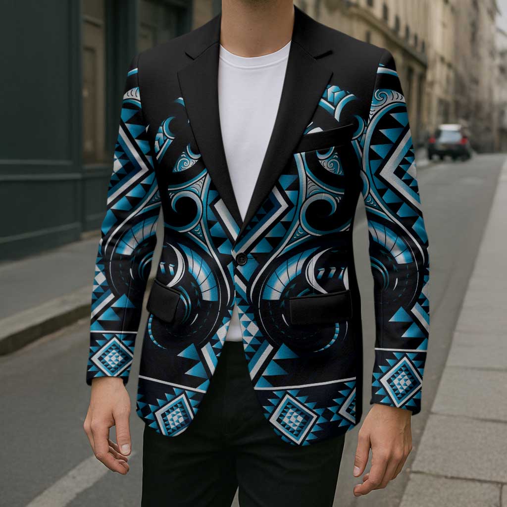 Blue Ngaru Taniko With Aotearoa Maori Tattoo Blazer - Polynesian Pride