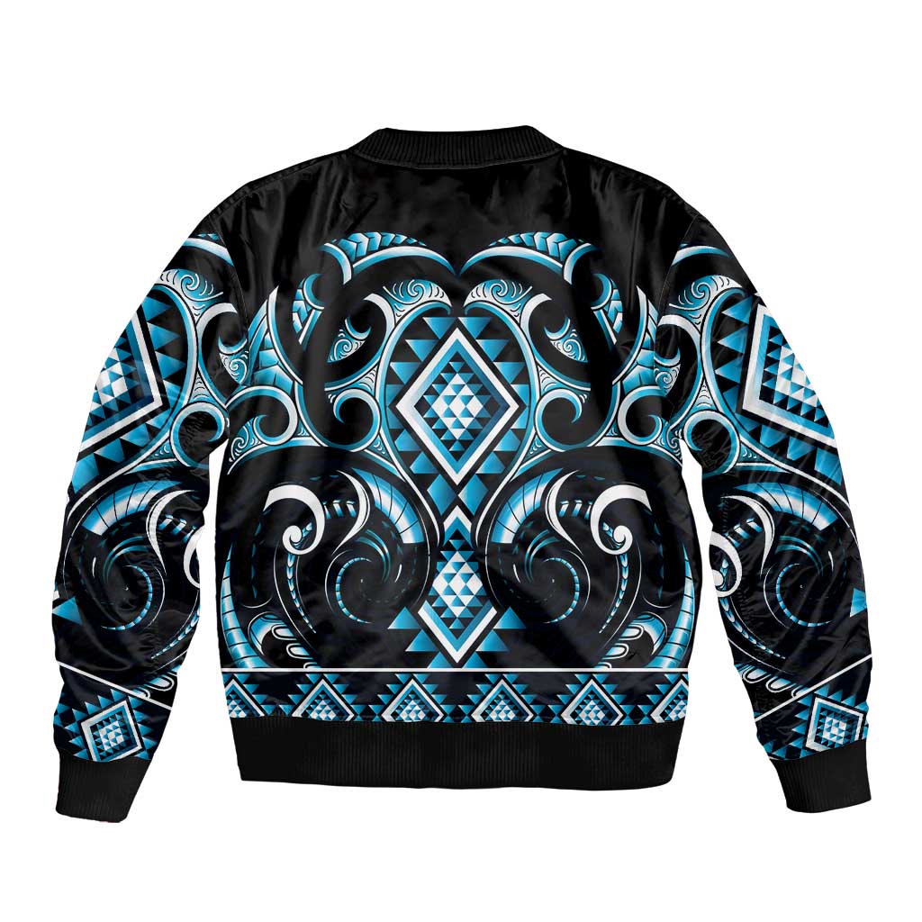 Blue Ngaru Taniko With Aotearoa Maori Tattoo Bomber Jacket