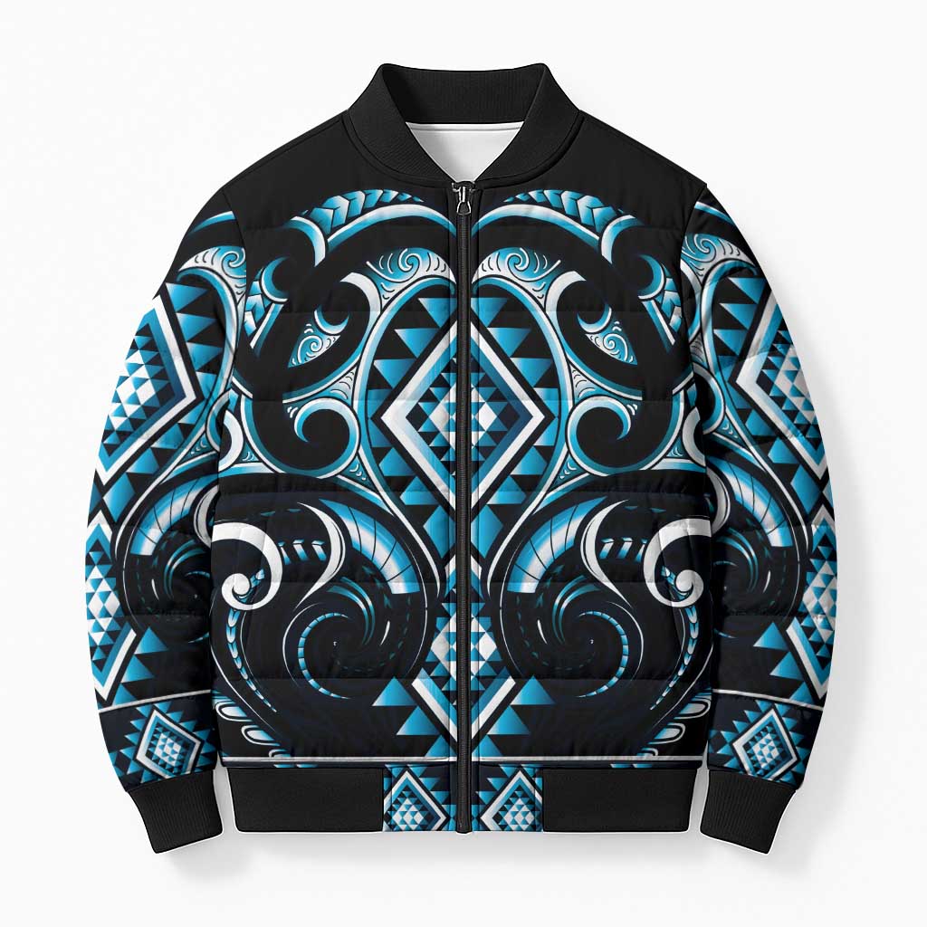 Blue Ngaru Taniko With Aotearoa Maori Tattoo Bomber Puffer Jacket - Polynesian Pride