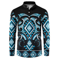 Blue Ngaru Taniko With Aotearoa Maori Tattoo Button Sweatshirt