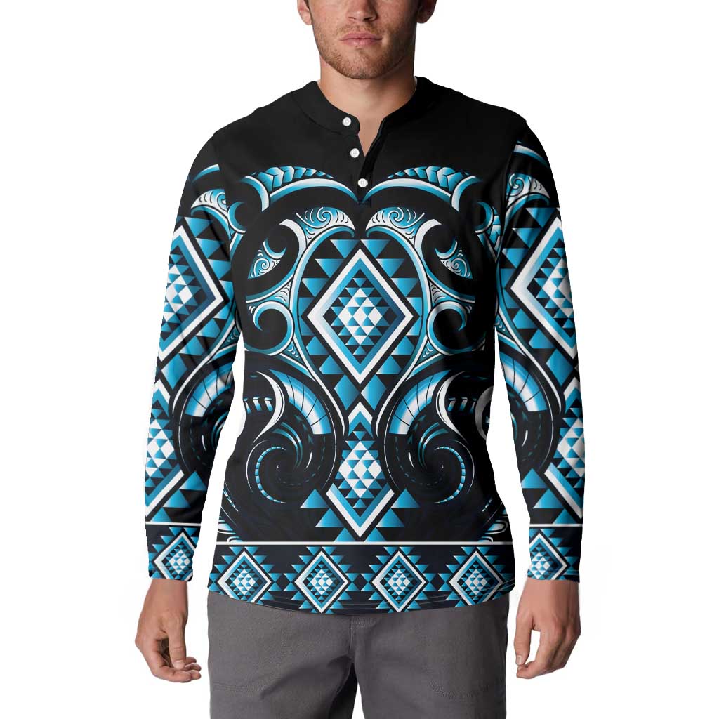 Blue Ngaru Taniko With Aotearoa Maori Tattoo Button Sweatshirt