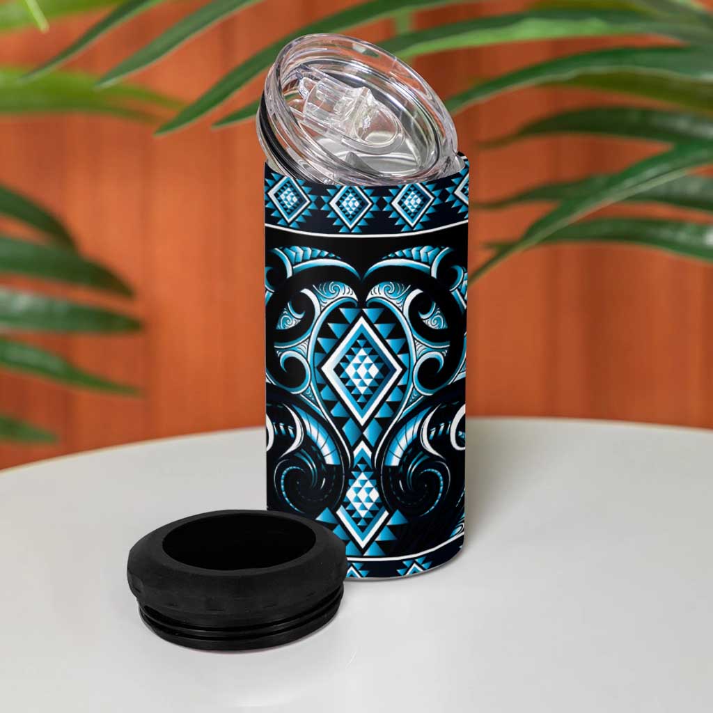Blue Ngaru Taniko With Aotearoa Maori Tattoo 4 in 1 Can Cooler Tumbler