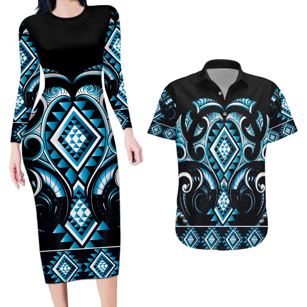 Blue Ngaru Taniko With Aotearoa Maori Tattoo Couples Matching Long Sleeve Bodycon Dress and Hawaiian Shirt