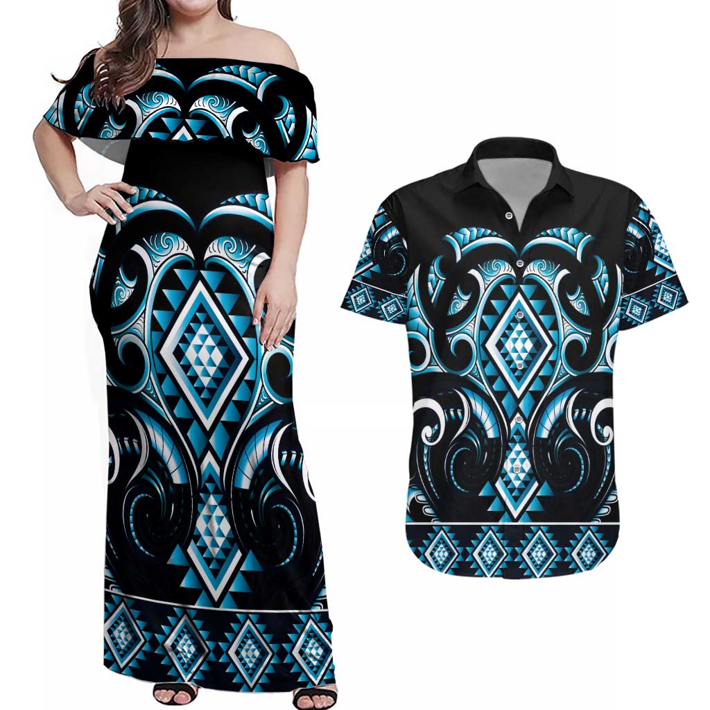 Blue Ngaru Taniko With Aotearoa Maori Tattoo Couples Matching Off Shoulder Maxi Dress and Hawaiian Shirt
