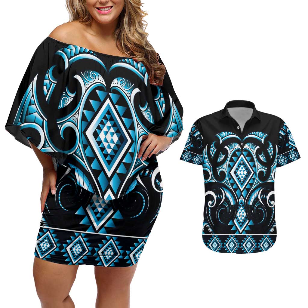 Blue Ngaru Taniko With Aotearoa Maori Tattoo Couples Matching Off Shoulder Short Dress and Hawaiian Shirt