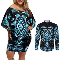 Blue Ngaru Taniko With Aotearoa Maori Tattoo Couples Matching Off Shoulder Short Dress and Long Sleeve Button Shirt