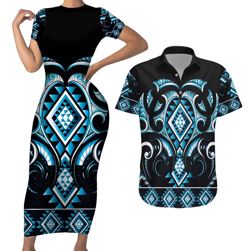 Blue Ngaru Taniko With Aotearoa Maori Tattoo Couples Matching Short Sleeve Bodycon Dress and Hawaiian Shirt