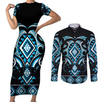 Blue Ngaru Taniko With Aotearoa Maori Tattoo Couples Matching Short Sleeve Bodycon Dress and Long Sleeve Button Shirt