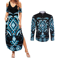 Blue Ngaru Taniko With Aotearoa Maori Tattoo Couples Matching Summer Maxi Dress and Long Sleeve Button Shirt
