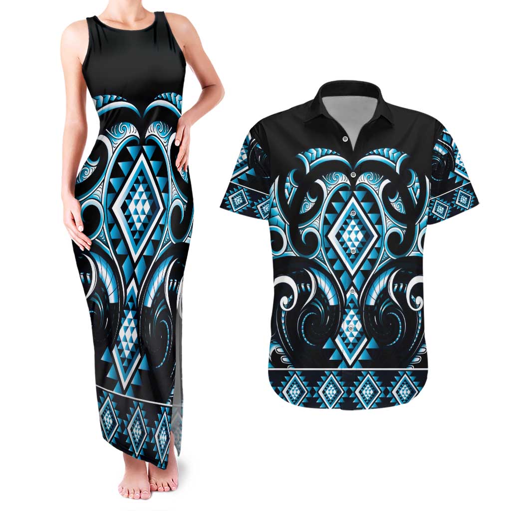 Blue Ngaru Taniko With Aotearoa Maori Tattoo Couples Matching Tank Maxi Dress and Hawaiian Shirt