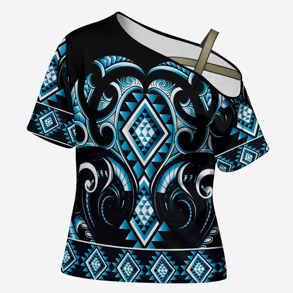 Blue Ngaru Taniko With Aotearoa Maori Tattoo Cross Shoulder Shirt - Polynesian Pride