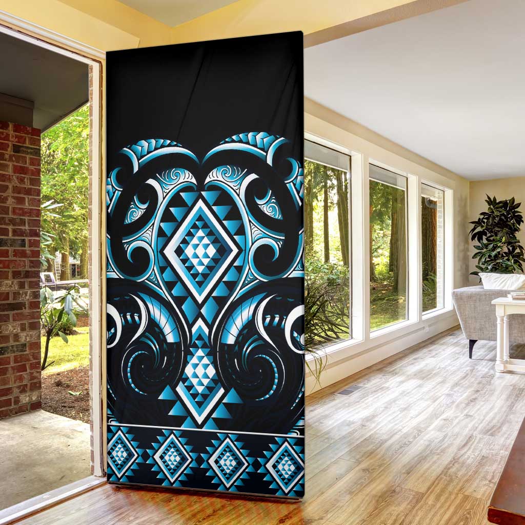 Blue Ngaru Taniko With Aotearoa Maori Tattoo Door Cover - Polynesian Pride