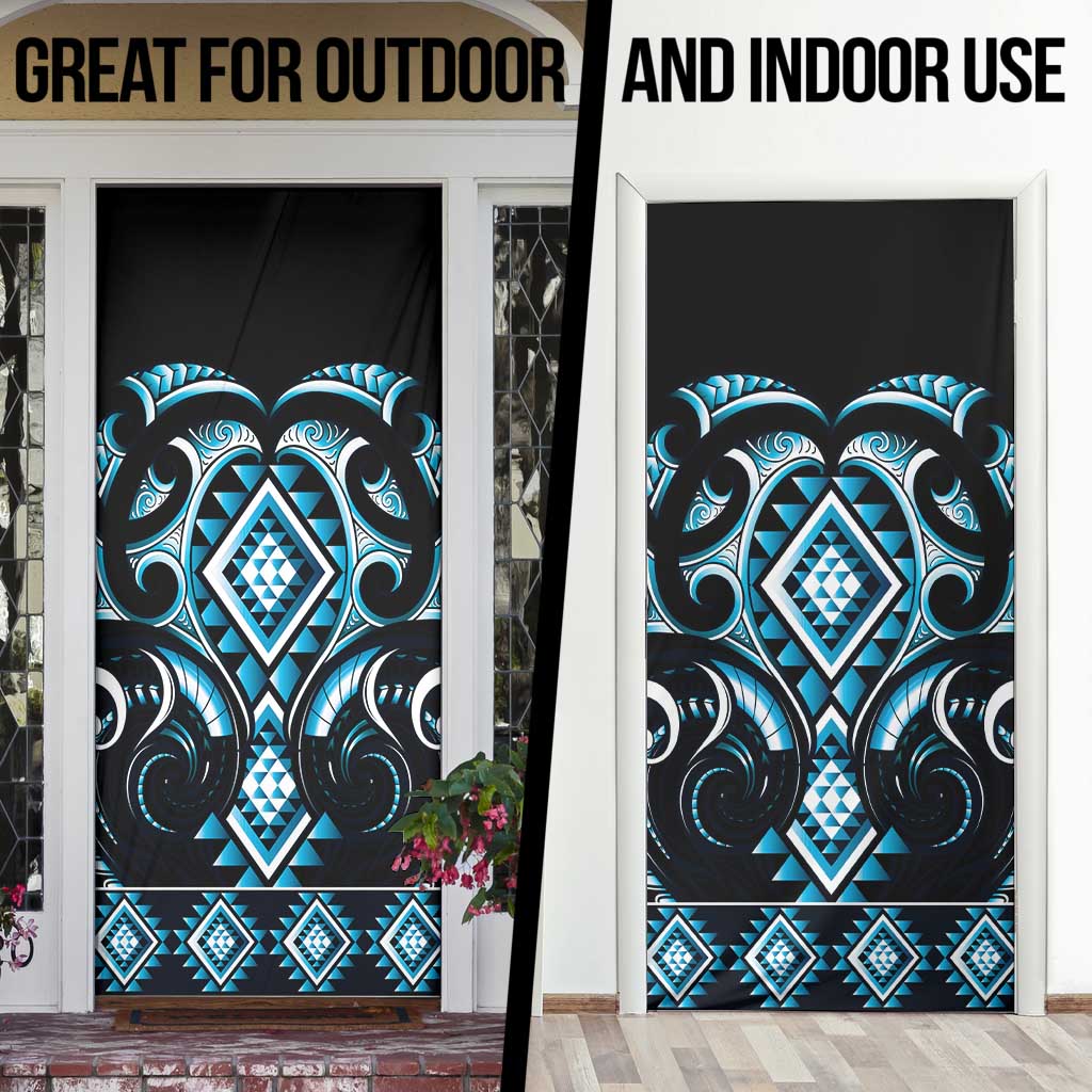 Blue Ngaru Taniko With Aotearoa Maori Tattoo Door Cover - Polynesian Pride