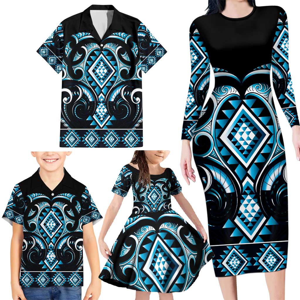 Blue Ngaru Taniko With Aotearoa Maori Tattoo Family Matching Long Sleeve Bodycon Dress and Hawaiian Shirt
