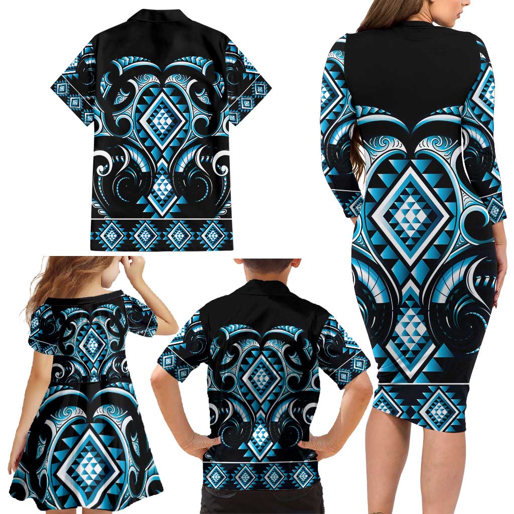 Blue Ngaru Taniko With Aotearoa Maori Tattoo Family Matching Long Sleeve Bodycon Dress and Hawaiian Shirt