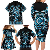 Blue Ngaru Taniko With Aotearoa Maori Tattoo Family Matching Long Sleeve Bodycon Dress and Hawaiian Shirt