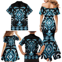 Blue Ngaru Taniko With Aotearoa Maori Tattoo Family Matching Mermaid Dress and Hawaiian Shirt