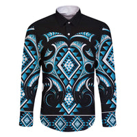 Blue Ngaru Taniko With Aotearoa Maori Tattoo Family Matching Off The Shoulder Long Sleeve Dress and Hawaiian Shirt