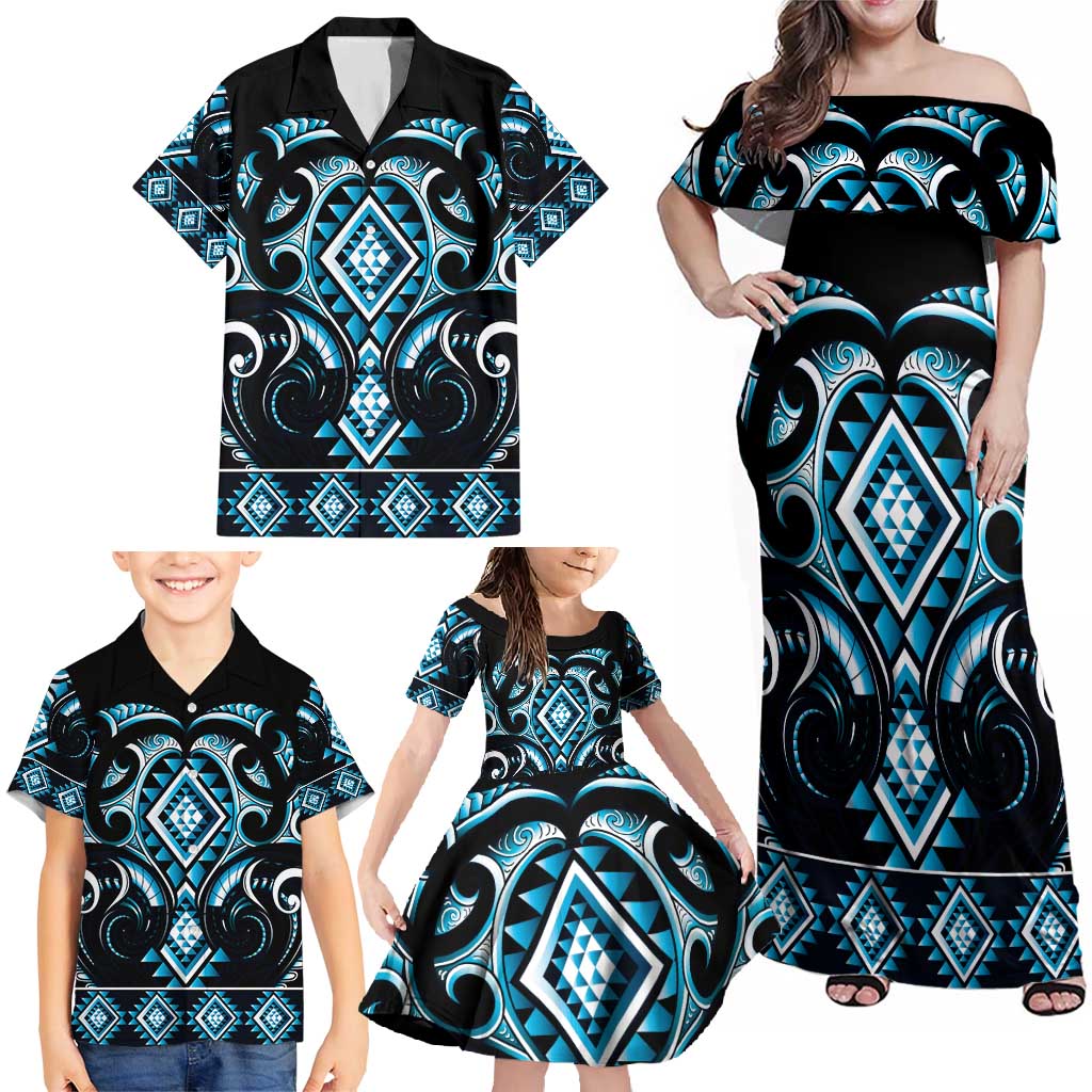 Blue Ngaru Taniko With Aotearoa Maori Tattoo Family Matching Off Shoulder Maxi Dress and Hawaiian Shirt