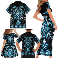 Blue Ngaru Taniko With Aotearoa Maori Tattoo Family Matching Short Sleeve Bodycon Dress and Hawaiian Shirt