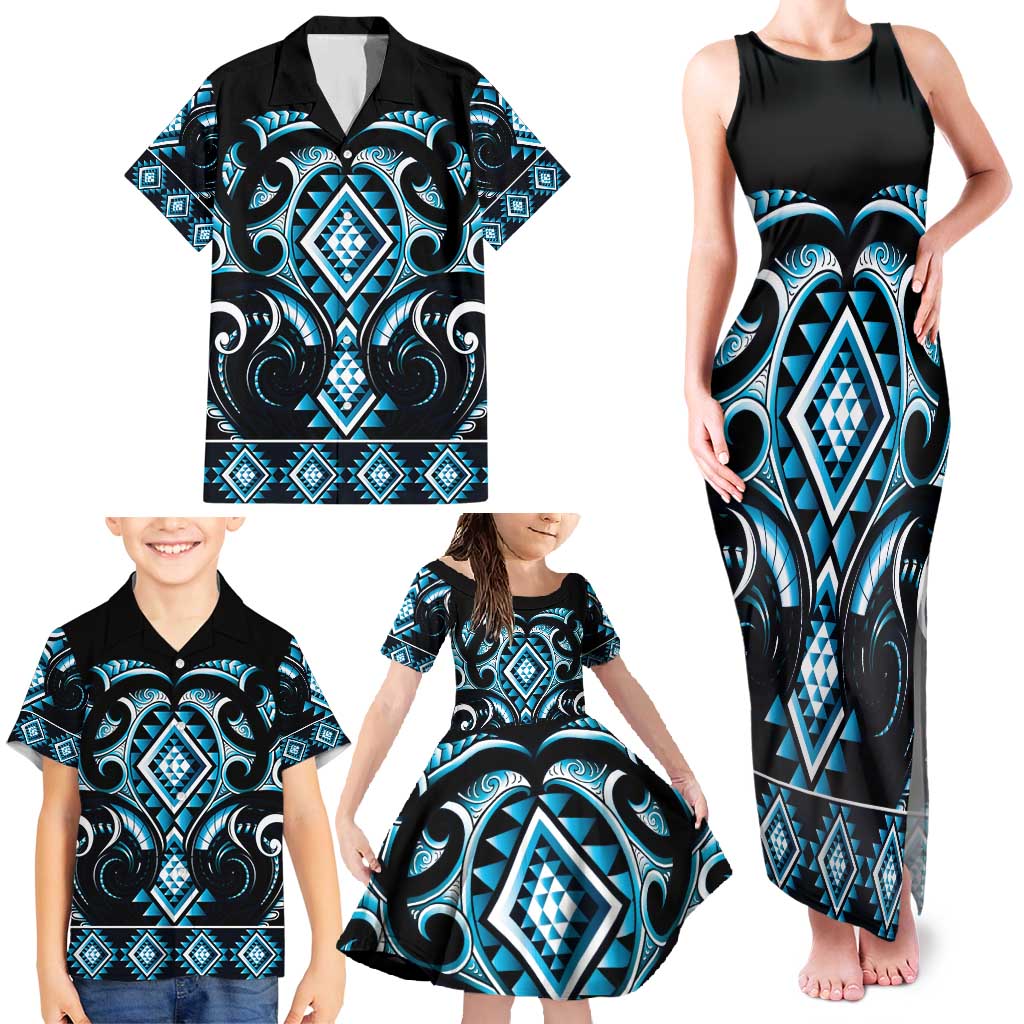 Blue Ngaru Taniko With Aotearoa Maori Tattoo Family Matching Tank Maxi Dress and Hawaiian Shirt