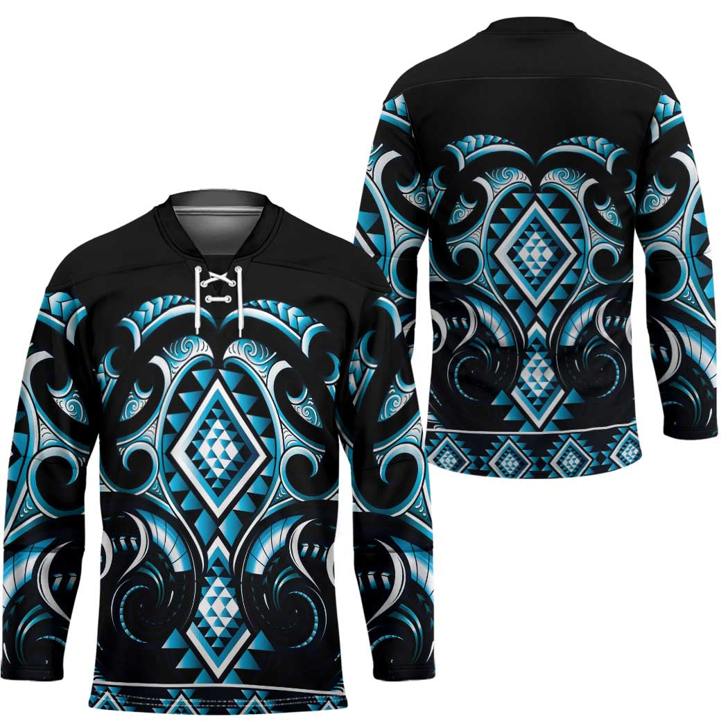 Blue Ngaru Taniko With Aotearoa Maori Tattoo Hockey Jersey - Polynesian Pride